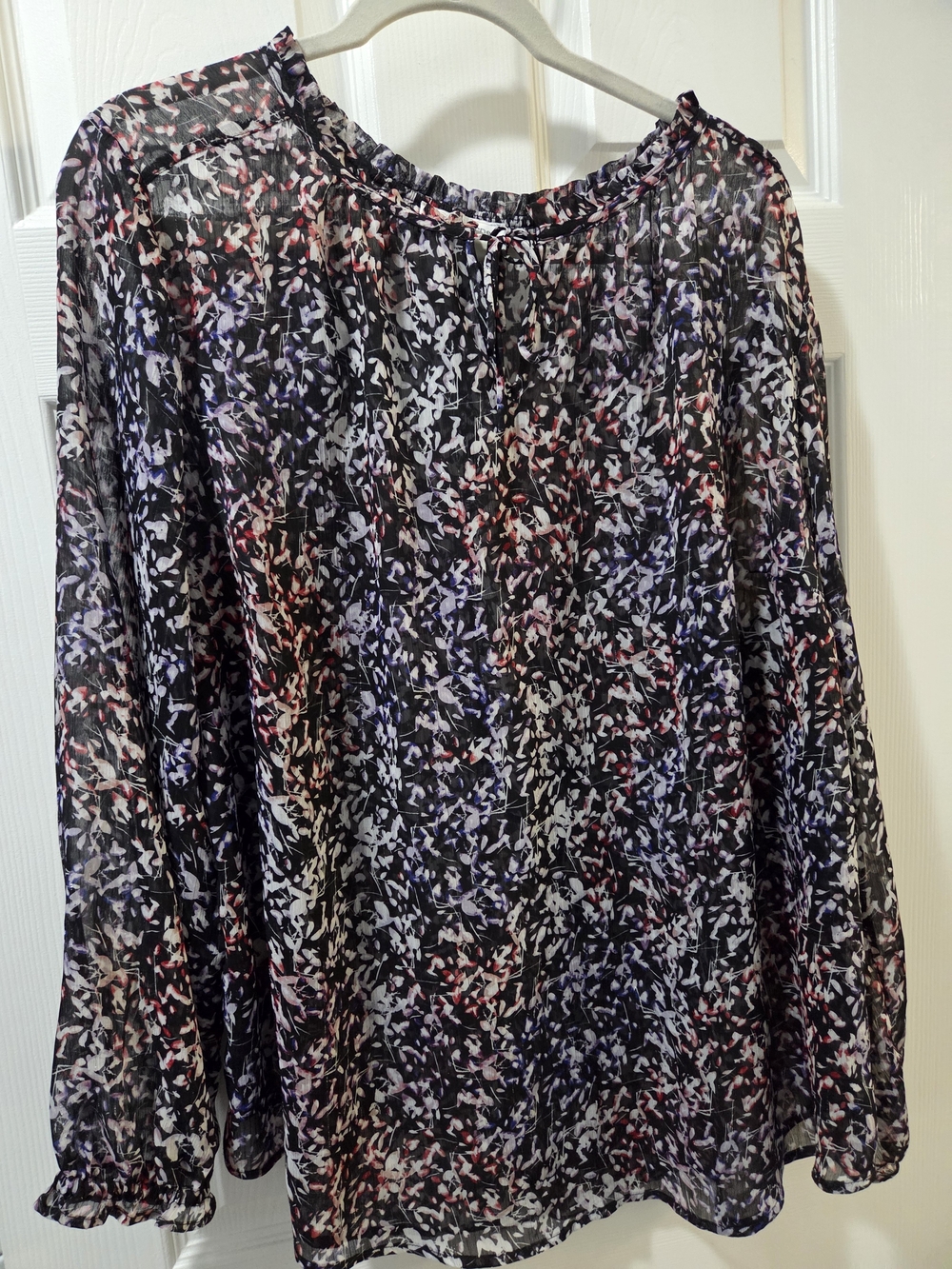 Liz Claiborne Black Sheer Floral Blouse with Red & Purple Highlights